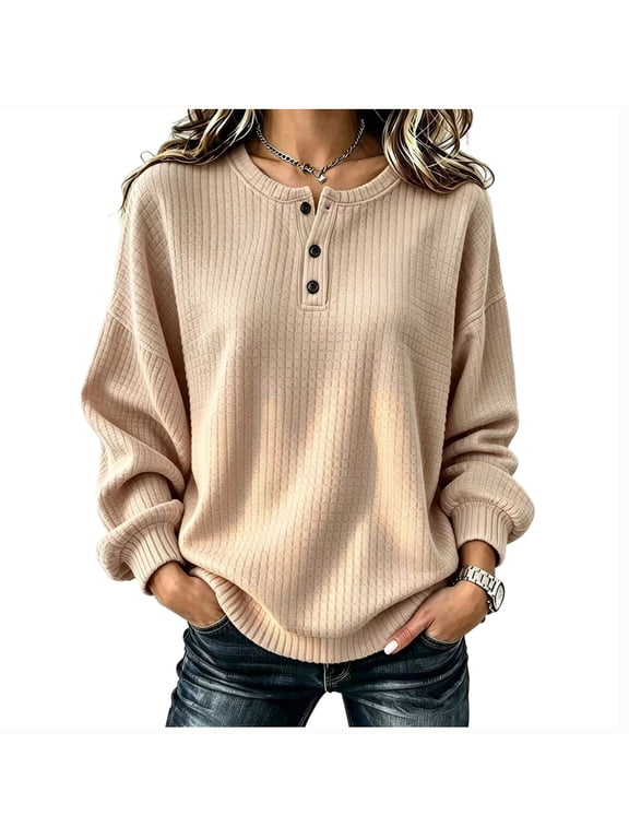 Women's Long Sleeve Henley Shirts Button Down Raglan Top, Loose Fit Cozy Basic Tees Casual Pullover Tunic for Spring, Fall, Winter Khaki,S