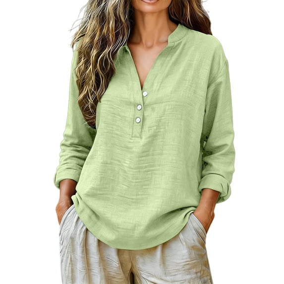 Hurxie Women's Long Sleeve Henley Tops, V Neck Button Up Tunic Top Casual Shirts Loose Fit T Shirts Pullover Tunics Mint Green,L