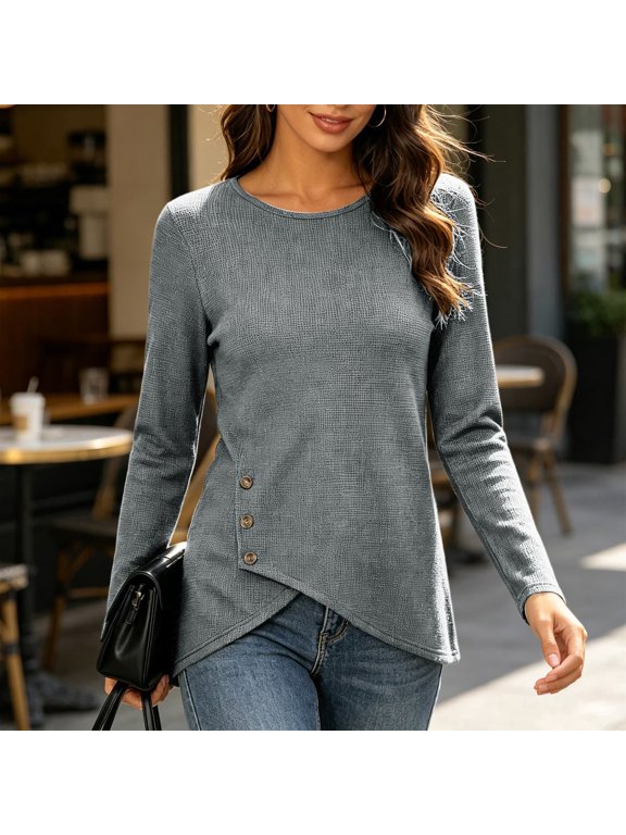 Women’s Long Sleeve Shirts Waffle Knit Tunic Top | Wrap Buttons Side,Soft Lightweight Sweater