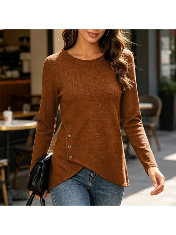 Women’s Long Sleeve Shirts Waffle Knit Tunic Top | Wrap Buttons Side,Soft Lightweight Sweater