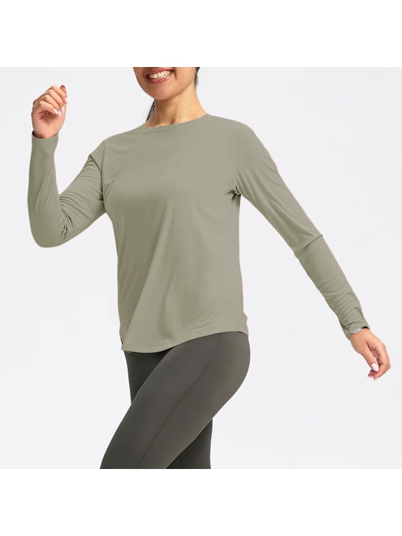 Women's Long Sleeve Workout Shirts Athletic Crewneck Hiking Tops with Thumb Hole Khaki,L