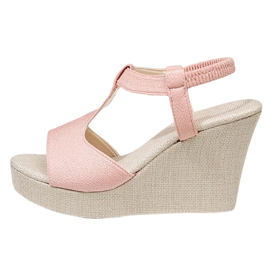 Hurxie Women's Low Wedge Heels Summer Dressy Platform Sandals Elastic Ankle Strap Open Toe Flower Shoes Pink 7