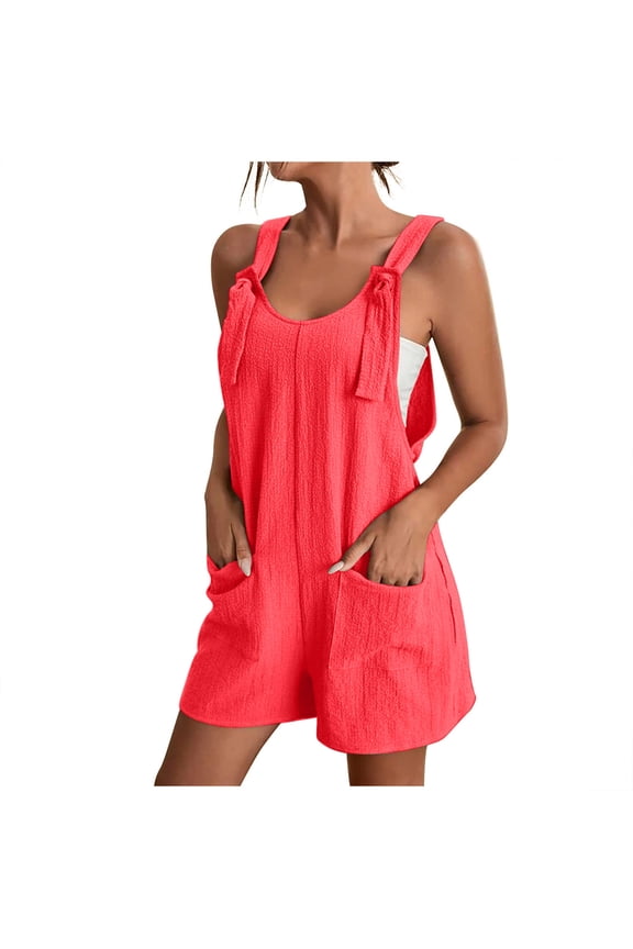 Women's Maternity Tie Knot Wide Strap Suspender Overall Shorts Jumpsuit Sleeveless Romper with Pocket Watermelon Red,3XL