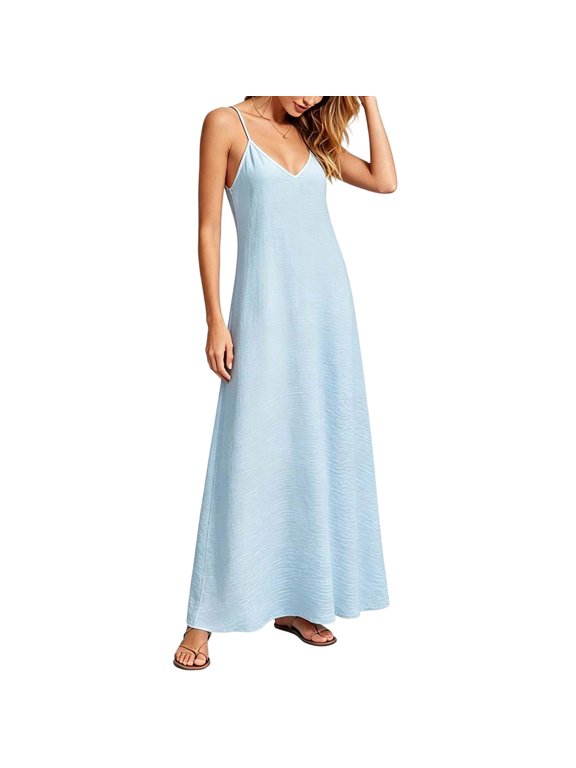 Women's Maxi Dress Adjustable Spaghetti Strap V Neck Sleeveless Summer Trendy Split Dresses Light Blue,XL