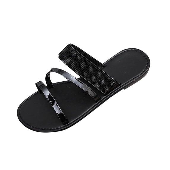 Hurxie Women's Metallic Strappy Flat Sandals Dressy Sparkly Open Toe Slide Vacation Summer Sandals Black
