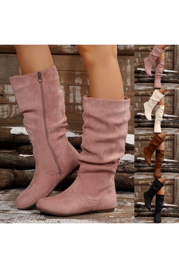 Women's Mid Calf Boots Slouchy Round Toe Flat Low Heel Riding Boots With Side Zipper Coffee 36