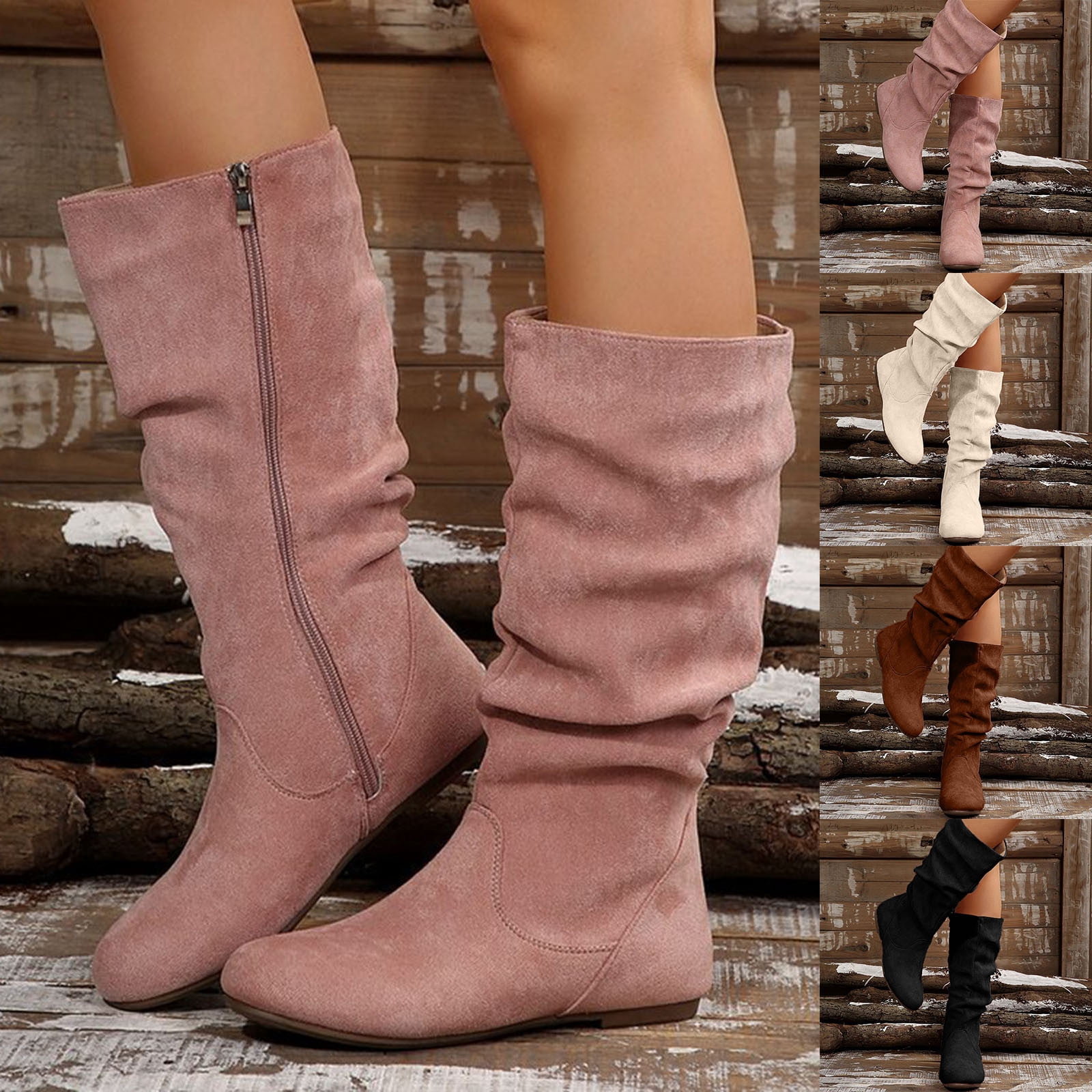 Slouch Riding Boots Hurxie Women's Mid Calf Boots Slouchy Round Toe Flat Low Heel Riding ...