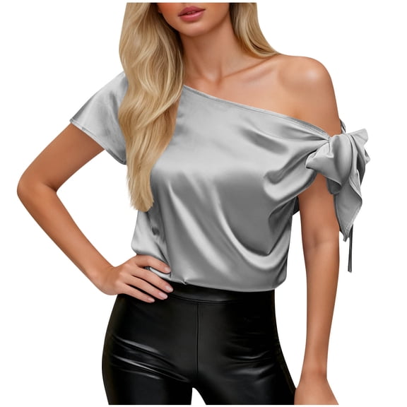 Hurxie Women's Off Shoulder Silk Tops Casual Short Sleeve Neck Satin Blouse Shirts Gray L