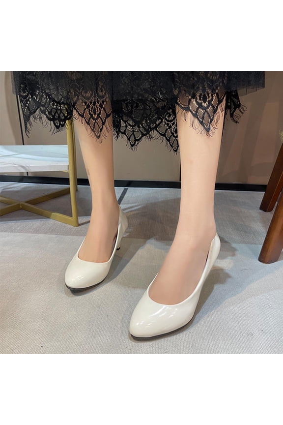Women's Office Round Toe Patent Casual Slip On Spool Mid Heel Pumps Shoes White 35