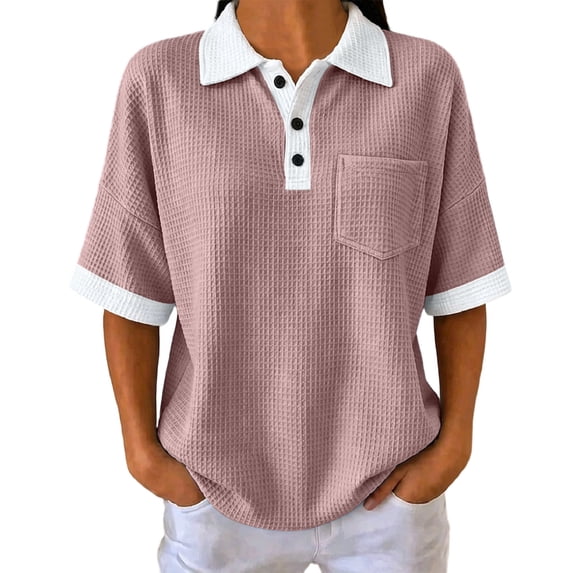 Hurxie Women's Old Money Half Button Golf Shirts Elegant Collared Tops with Pocket Pink,M