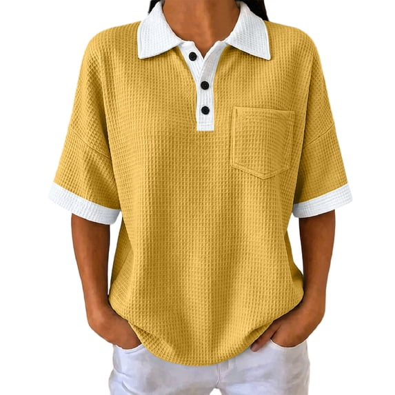 Hurxie Women's Old Money Half Button Golf Shirts Elegant Collared Tops with Pocket Yellow,M