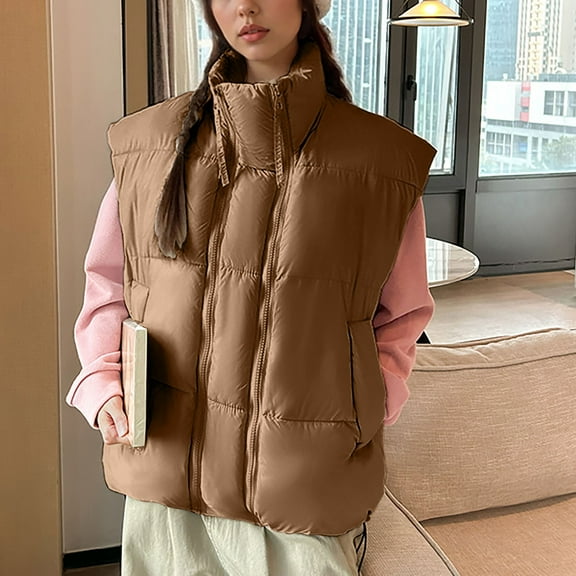Hurxie Women's Oversized Puffer Vest - Quilted Stand Collar Sleeveless Vest with Pockets Coffee 2XL