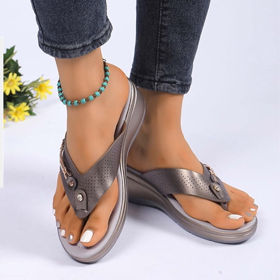 Hurxie Women's PU Leather Outdoor Thong Sandals Open Toe Gym Wedges Sandals Flip Flops Gray 41