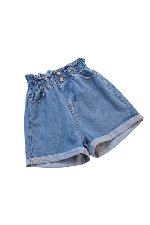 Women's Paper Bag Waist Button Roll Up Hem Denim Shorts with Pockets Blue,XL