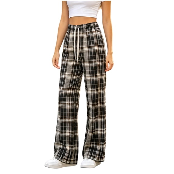 Hurxie Women's Plaid Pajama Pants Drawstring High Waisted Wide Leg Lounge Pants Loose Bottoms Trousers Blue,Free Size