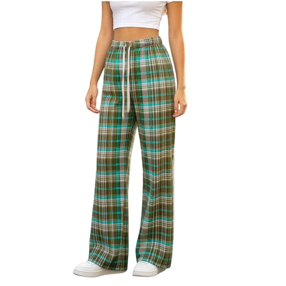 Hurxie Women's Plaid Pajama Pants Drawstring High Waisted Wide Leg Lounge Pants Loose Bottoms Trousers Green,Free Size