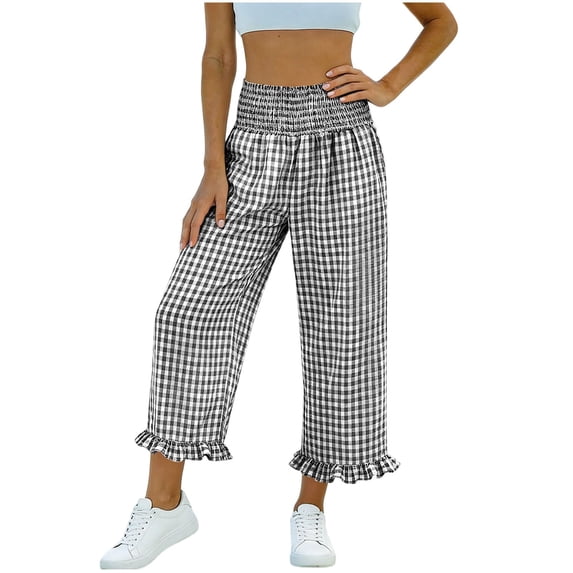 Hurxie Women’s Plaid Wide Leg Pants Flared Leg Baggy Drawstring Ruffle Palazzo Pants with Pockets Black,M