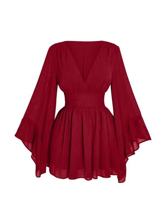 Women's Plus Size Boho Western Dress Bell Sleeve Cowgirl Hippie Mini Dress Mesh A Line Casual Flowy Dresses