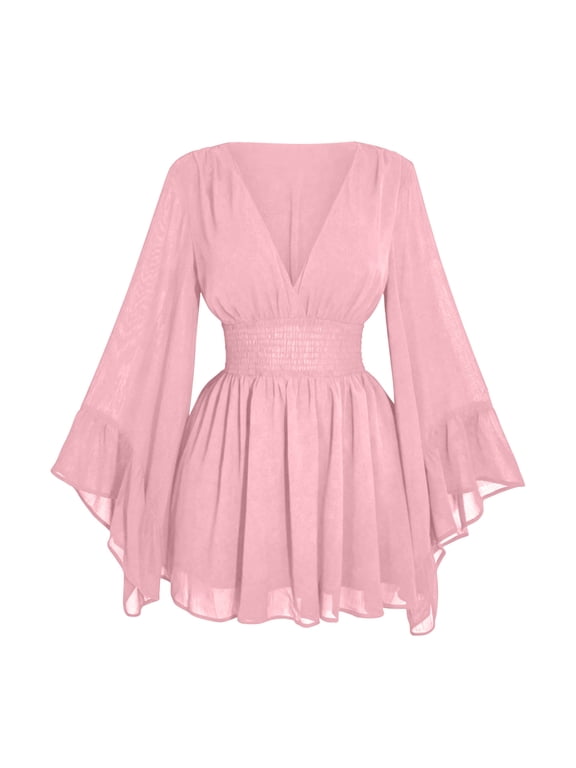 Women's Plus Size Boho Western Dress Bell Sleeve Cowgirl Hippie Mini Dress Mesh A Line Casual Flowy Dresses