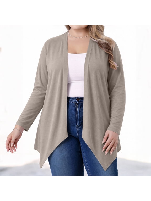Women's Plus Size Lightweight Open Front Cardigan 3/4 Sleeve Cover Ups Shrugs Shawls and Wraps Kimono Jacket Coat Khaki,XL