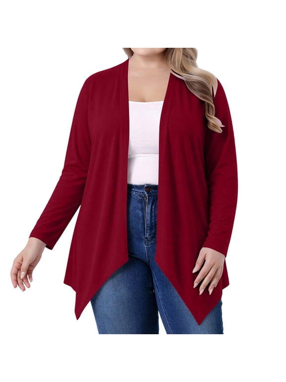 Women's Plus Size Lightweight Open Front Cardigan 3/4 Sleeve Cover Ups Shrugs Shawls and Wraps Kimono Jacket Coat Red,XL