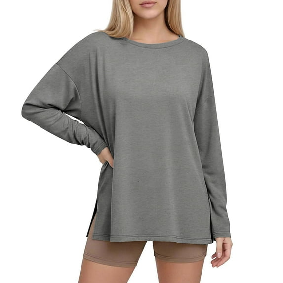 Hurxie Women's Plus Size Long Sleeve Shirt Ruched Split Side Tunic Crewneck Slim Fit T-Shirt Basic Casual Going Out Top Gray XL