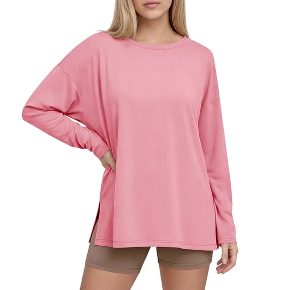 Hurxie Women's Plus Size Long Sleeve Shirt Ruched Split Side Tunic Crewneck Slim Fit T-Shirt Basic Casual Going Out Top Pink 3XL