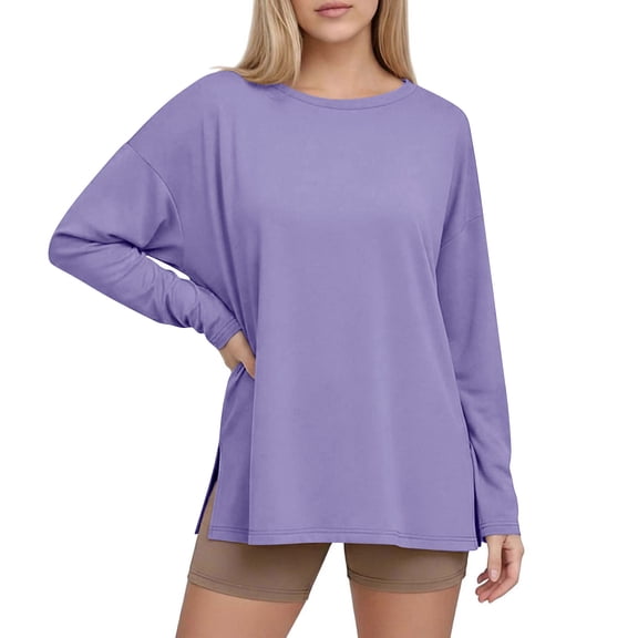 Hurxie Women's Plus Size Long Sleeve Shirt Ruched Split Side Tunic Crewneck Slim Fit T-Shirt Basic Casual Going Out Top Purple L