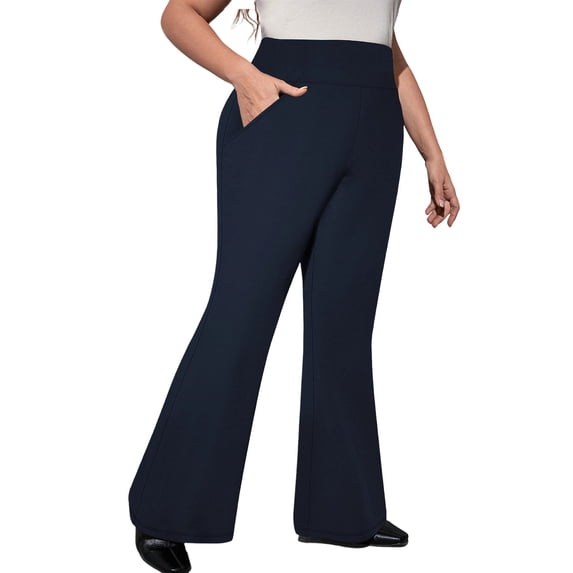 Hurxie Women's Plus Size Wide Leg Pants High Waist Loose Stretch Lounge Pants with Pockets Casual Yoga Work Sweatpants Navy,3XL