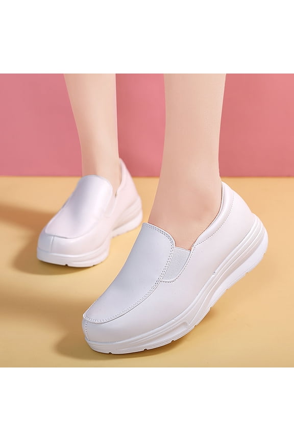 Women's Pu Wedge Heel Nurse Shoes, Comfortable Round Toe Soft Sole Slip-On Walking Shoes for Work, Leisure, Shopping White 37