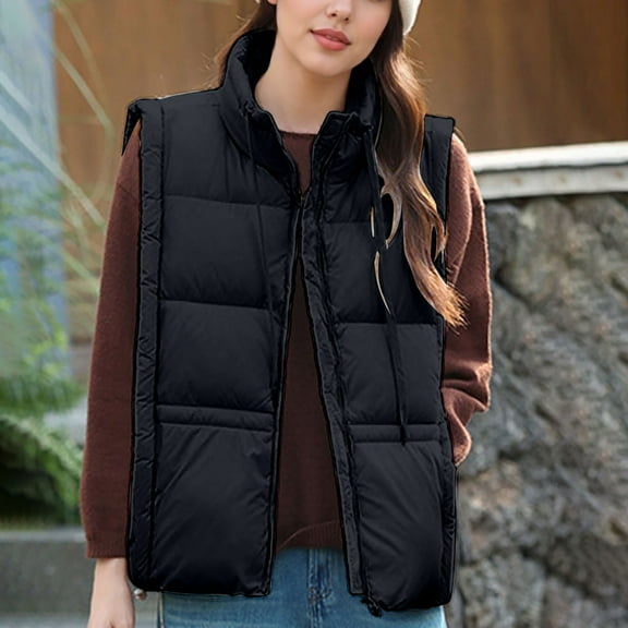 Hurxie Women's Puffer Vest Sleeveless Casual Loose Winter Warm Lightweight Stand Collar Down Jacket Coats Black L