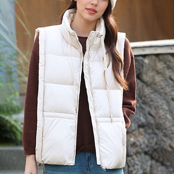 Hurxie Women's Puffer Vest Sleeveless Casual Loose Winter Warm Lightweight Stand Collar Down Jacket Coats White XL