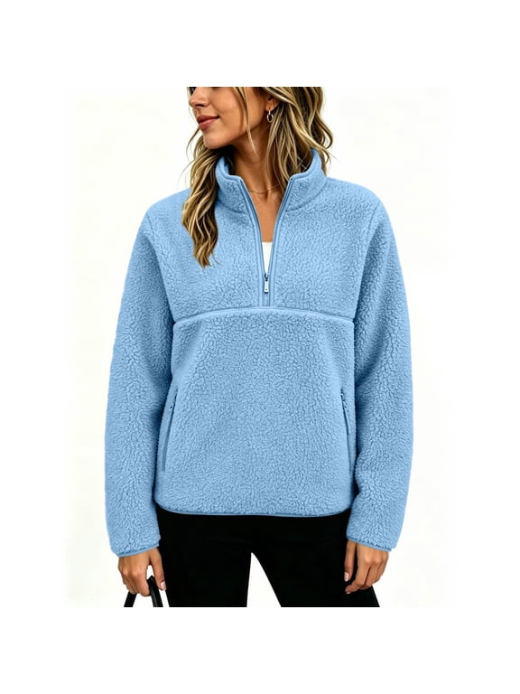 Women’s Quarter Zip Fleece Pullover Fuzzy Sherpa Jacket Half Zip Mockneck Sweatshirt Jacket,Long Sleeve Cozy Layering Tops,Fuzzy Outfits
