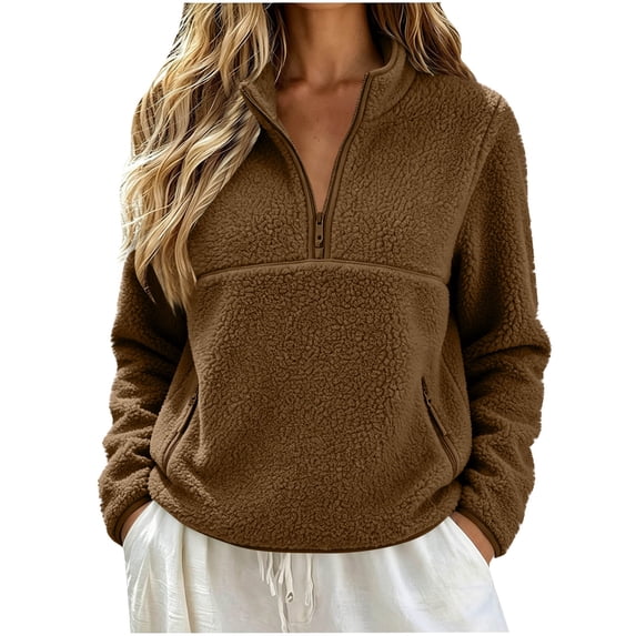 Hurxie Women’s Quarter Zip Fleece Pullover Fuzzy Sherpa Jacket Half Zip Mockneck Sweatshirt Jacket,Long Sleeve Cozy Layering Tops,Fuzzy Outfits