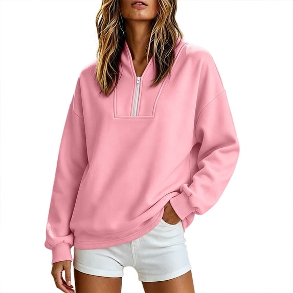 Hurxie Women's Quarter Zip Sweatshirts Long Sleeve Mock Neck Hoodies Oversized Pullover Tops Fall Clothes Pink,S