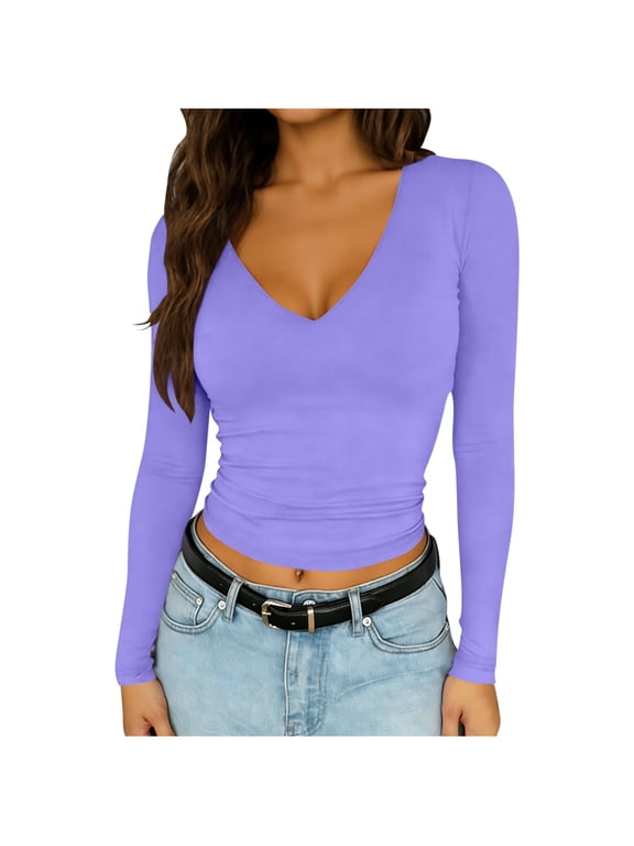 Women's Ribbed V Neck Slim Fitted T Shirts Basic Solid Long Sleeve Layering Tee Tops Purple M
