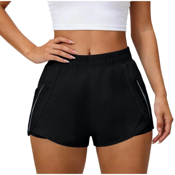Hurxie Women's Running Shorts with Zipper Pockets, Mid-Waisted Quick Dry Athletic Workout Sport Short Black,S
