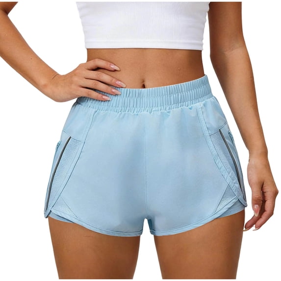 Hurxie Women's Running Shorts with Zipper Pockets, Mid-Waisted Quick Dry Athletic Workout Sport Short Light Blue,XL