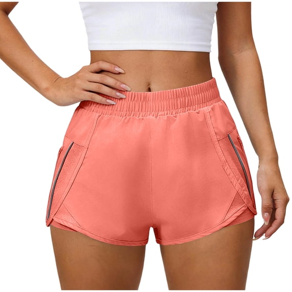Hurxie Women's Running Shorts with Zipper Pockets, Mid-Waisted Quick Dry Athletic Workout Sport Short Orange,L