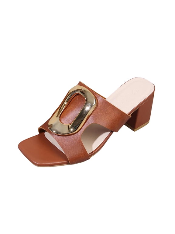 Women's Sandals Peep Toe Slides Chunky Heel Mules Single Band Comfort Slip-on Shoes with Metal Chain Brown 5.5