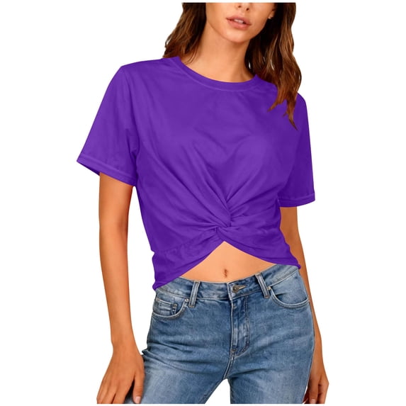 Hurxie Women's Short Sleeve Crop Tops, Workout Shirts Tees Going Out Y2k Tops Basic Slim Fitted Base Layer Purple XL