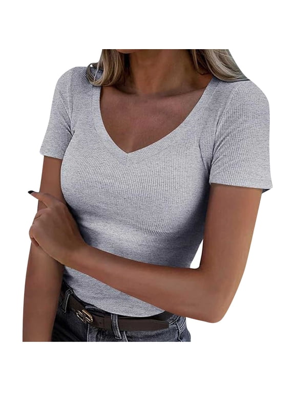 Women's Short Sleeve T-Shirts V Neck Ribbed Slim Fit Tops Ladies' Casual Summer Basic Tee Gray S
