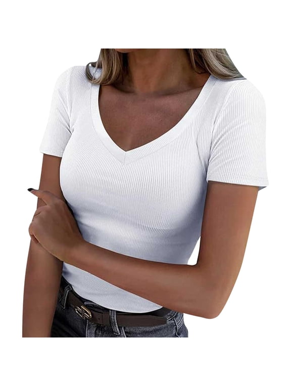 Women's Short Sleeve T-Shirts V Neck Ribbed Slim Fit Tops Ladies' Casual Summer Basic Tee White L
