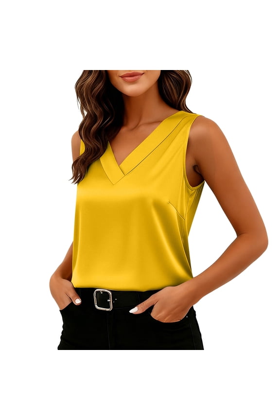 Women's Silk Satin Tank Tops V Neck Camisole Casual Cami Yellow M