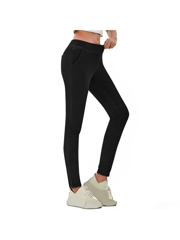 Women's Skinny Dress Pants High Waist Pull on Pants with Pockets Slim Fit Business Casual Trouser Black,L