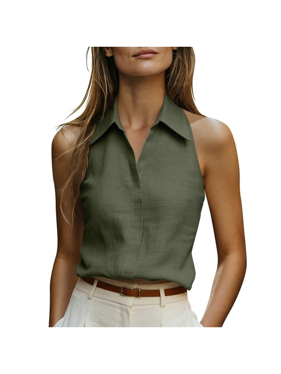 Women's Sleeveless Button Down Shirts Hidden-Button Front Collared Dressy Casual Blouses Loose Office Tank Tops Green,XL