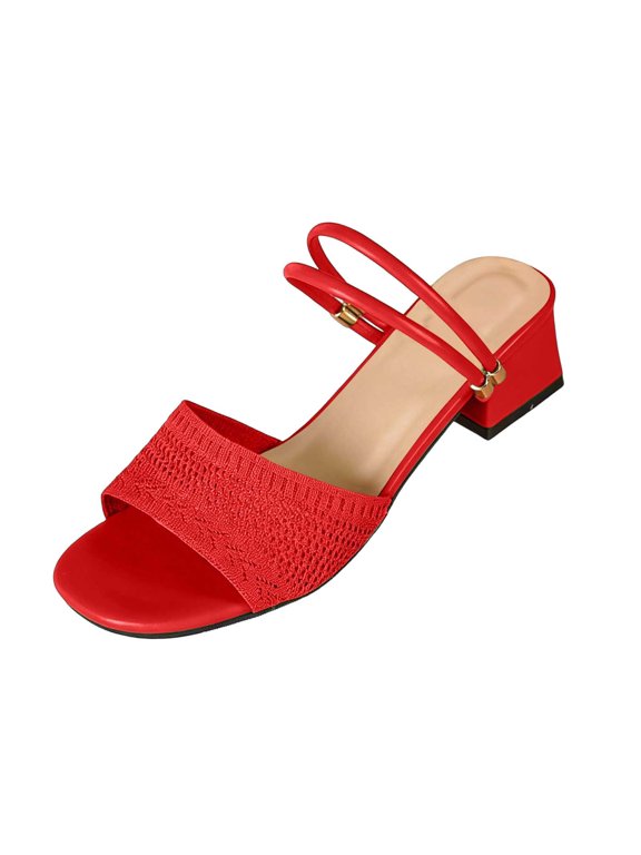 Women's Slingback Buckle Chunky Heels Two-Tone Sandals Red 6
