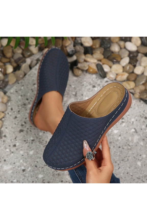 Women's Slip On Mules Wedge Sandals Closed Toe Breathable Textile Slides Clogs Summer Shoes Navy 41