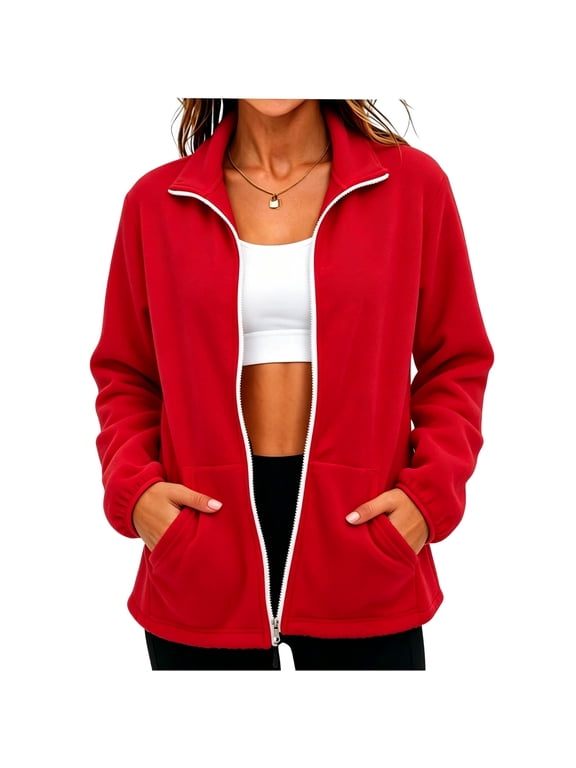 Women's Soft Fleece Jacket Lightweight Full Zip Sweatshirts Coat Casual Winter Warm Sweaters with Pockets Red,M