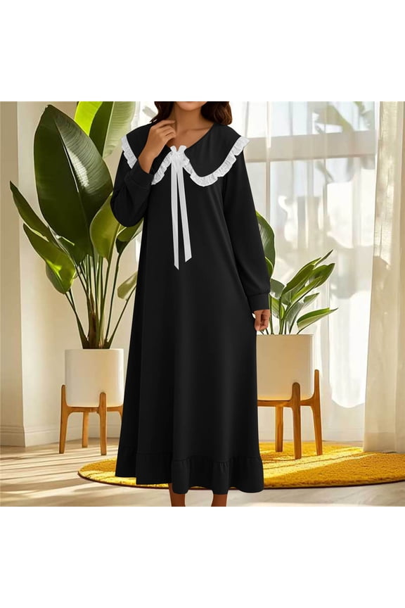 Women's Solid Color Lace Doll Collar Lapel Bow Loog Sleeved Hem Pleated To Below Calf Long Skirt Home Skirt Nightgown Black ,XL